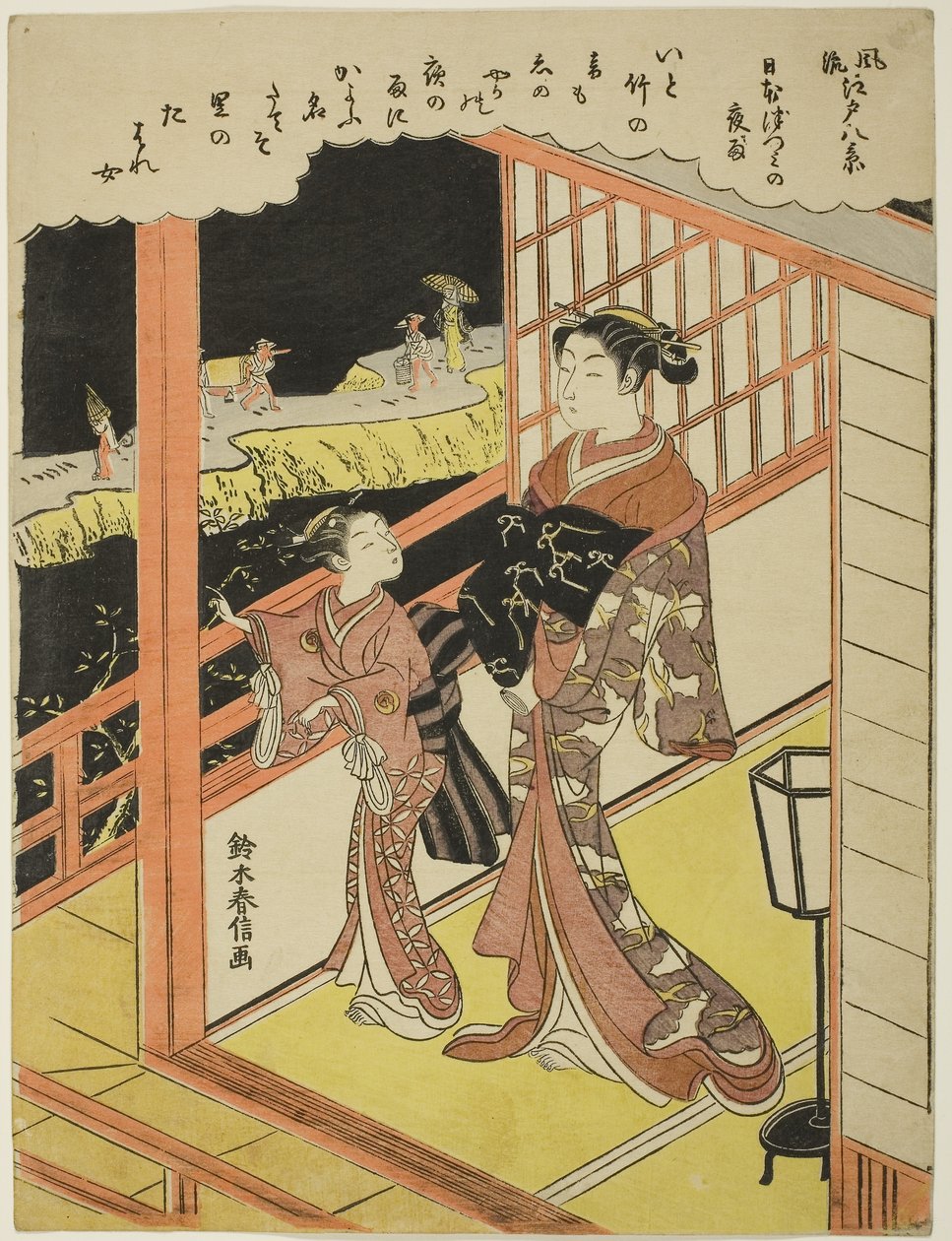 Iltasade Nihonzutsumissa (Nihonzutsumi no yau), sarjasta "Kahdeksan muodikasta näkymää Edosta (Furyu Edo hakkei)", noin 1768-69 (värillinen puupiirros; chuban). tekijältä Suzuki Harunobu