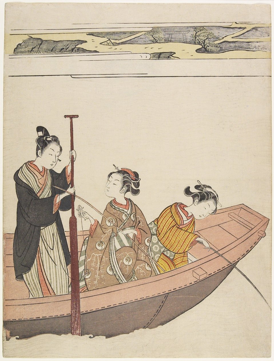 Kalastus lähellä Mimeguri-pyhäköä Sumida-joella, n. 1767 tekijältä Suzuki Harunobu