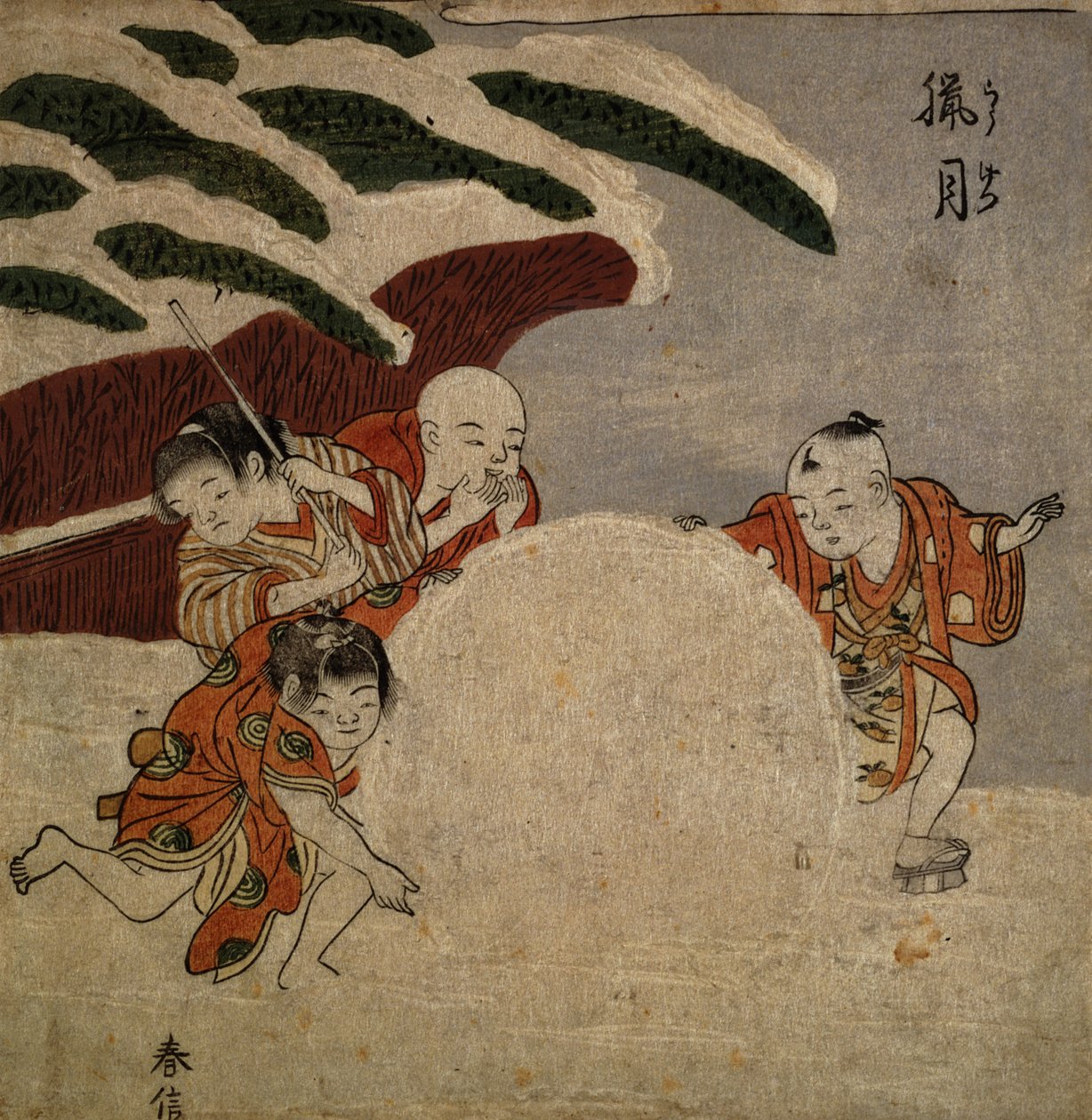 Neljä poikaa tekemässä lumipalloa, noin 1768 (värillinen puupiirros). tekijältä Suzuki Harunobu