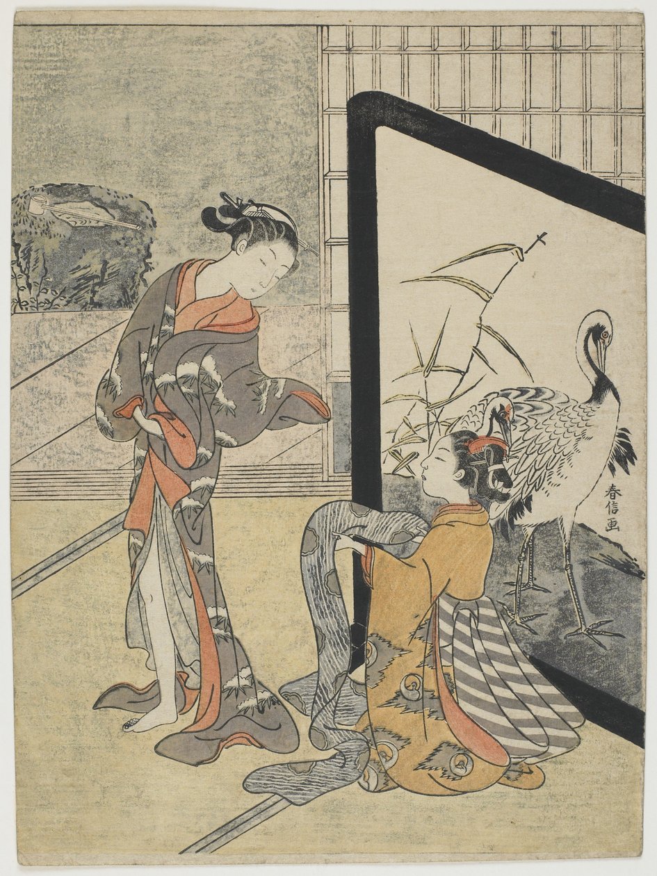 Pukeutuminen, 1765-69 (värillinen puupainatus) tekijältä Suzuki Harunobu