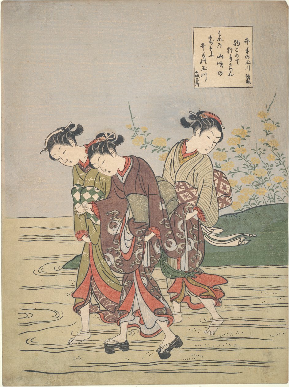 Tytöt Fording the Ide no Tamagawa tekijältä Suzuki Harunobu