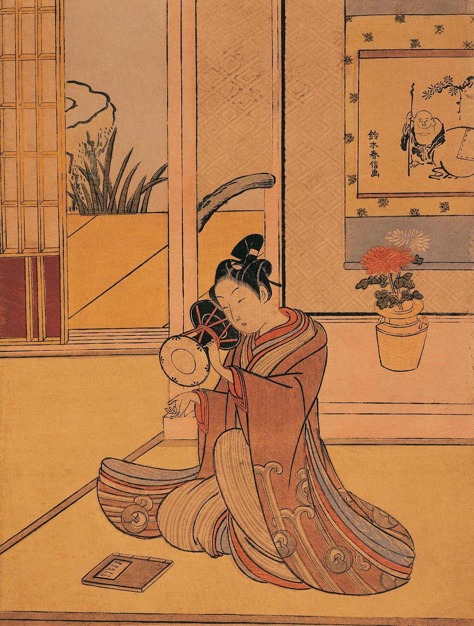 Italia, Genova, Suzuki Harunobu (noin 1725-1770) rumpua soittava nuori mies, puupiirros tekijältä Suzuki Harunobu