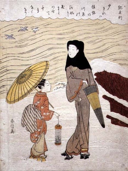 Rouva ja piika kävelemässä joen rannalla, n. 1767 (puupalikkaprintti, jossa vilkkuva kohokuviointi) tekijältä Suzuki Harunobu