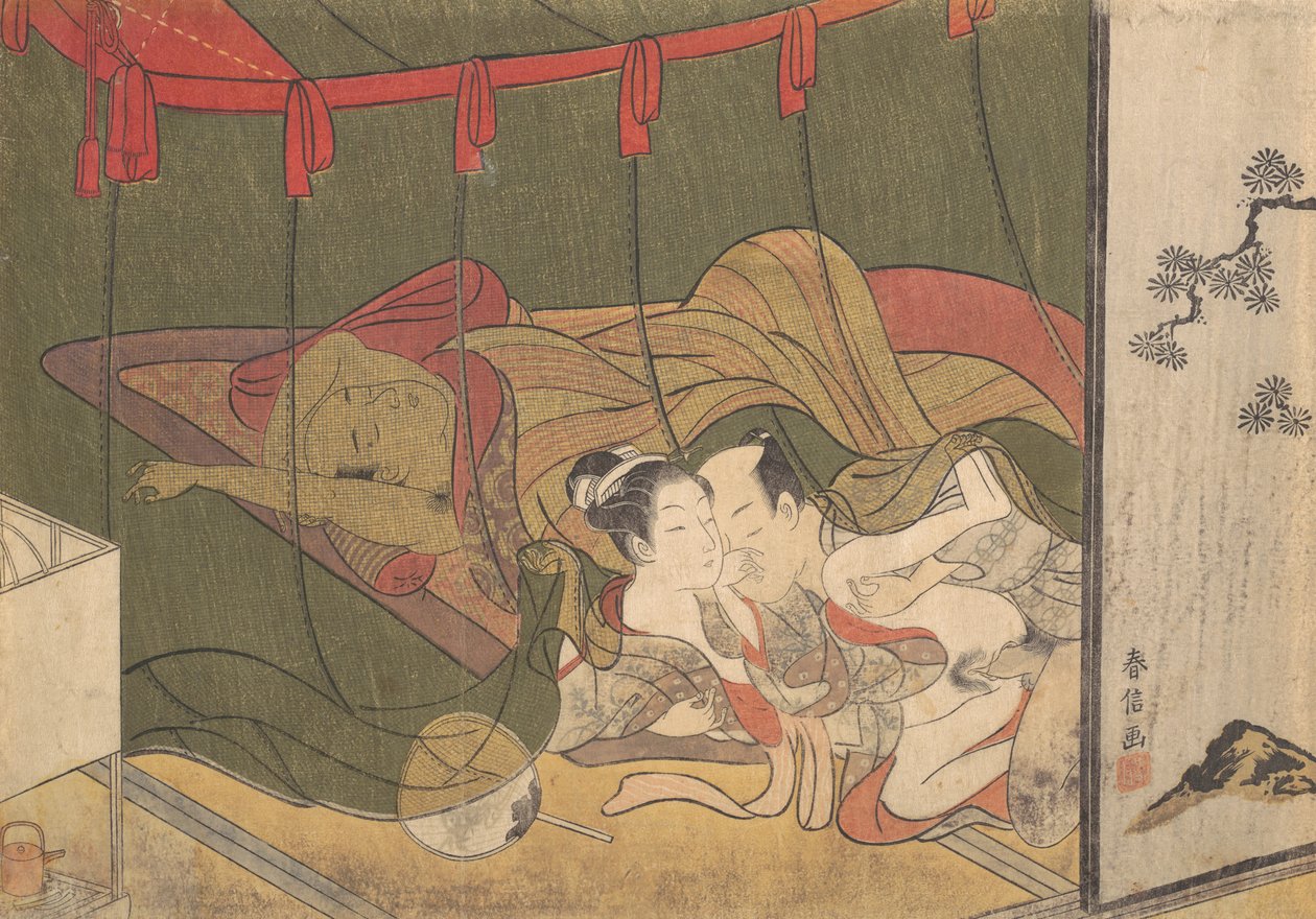 Rakastajat hyttysverkon alla, 1700-luku, 1700-luku. tekijältä Suzuki Harunobu