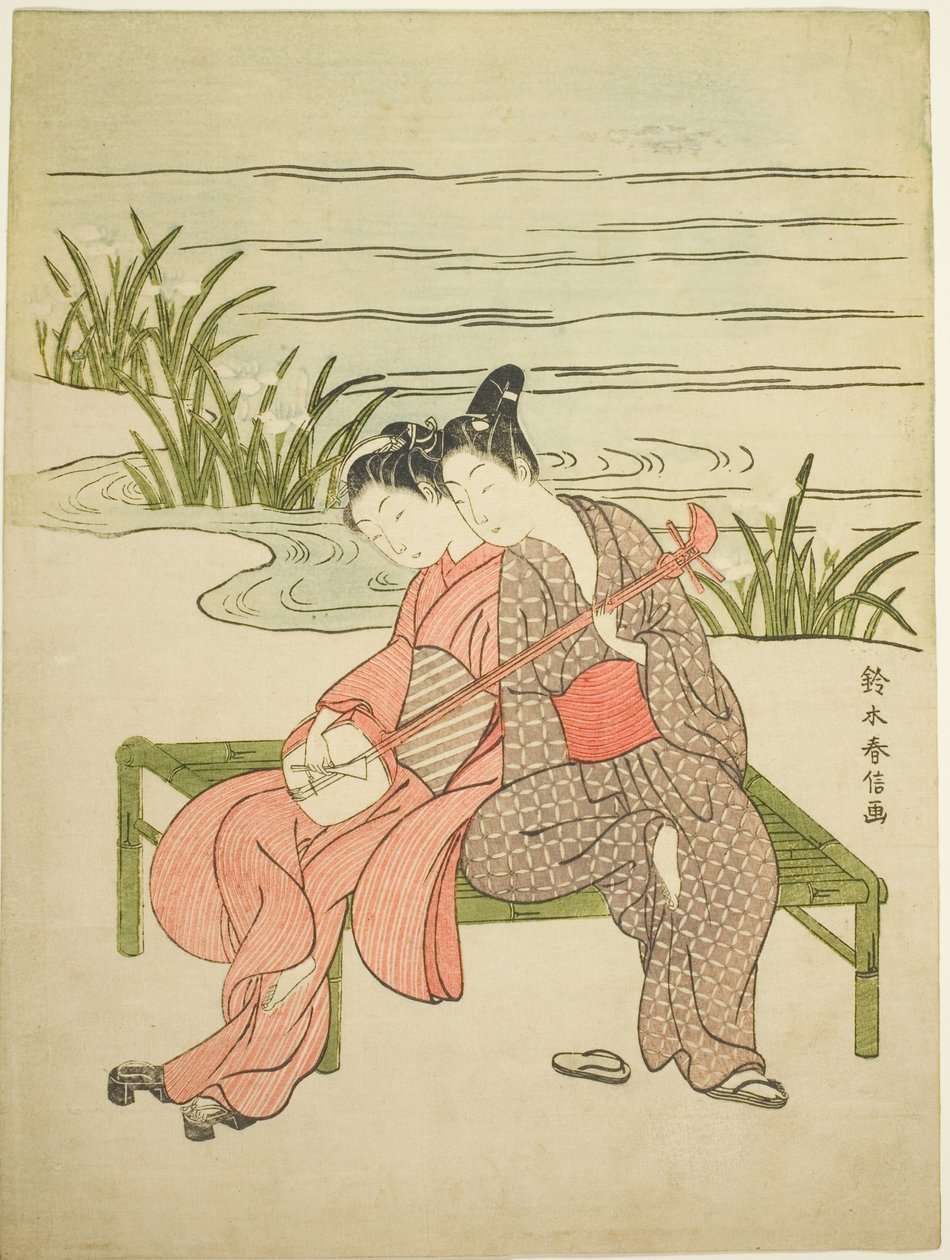 Lovers Playing the Same Shamisen (Xuanzongin ja Yang Guifein parodia) tekijältä Suzuki Harunobu