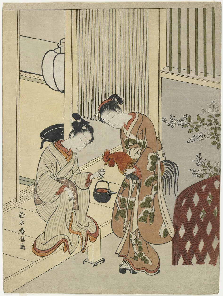 Lovers Plying a Rooster with Sake, c. 1767 tekijältä Suzuki Harunobu