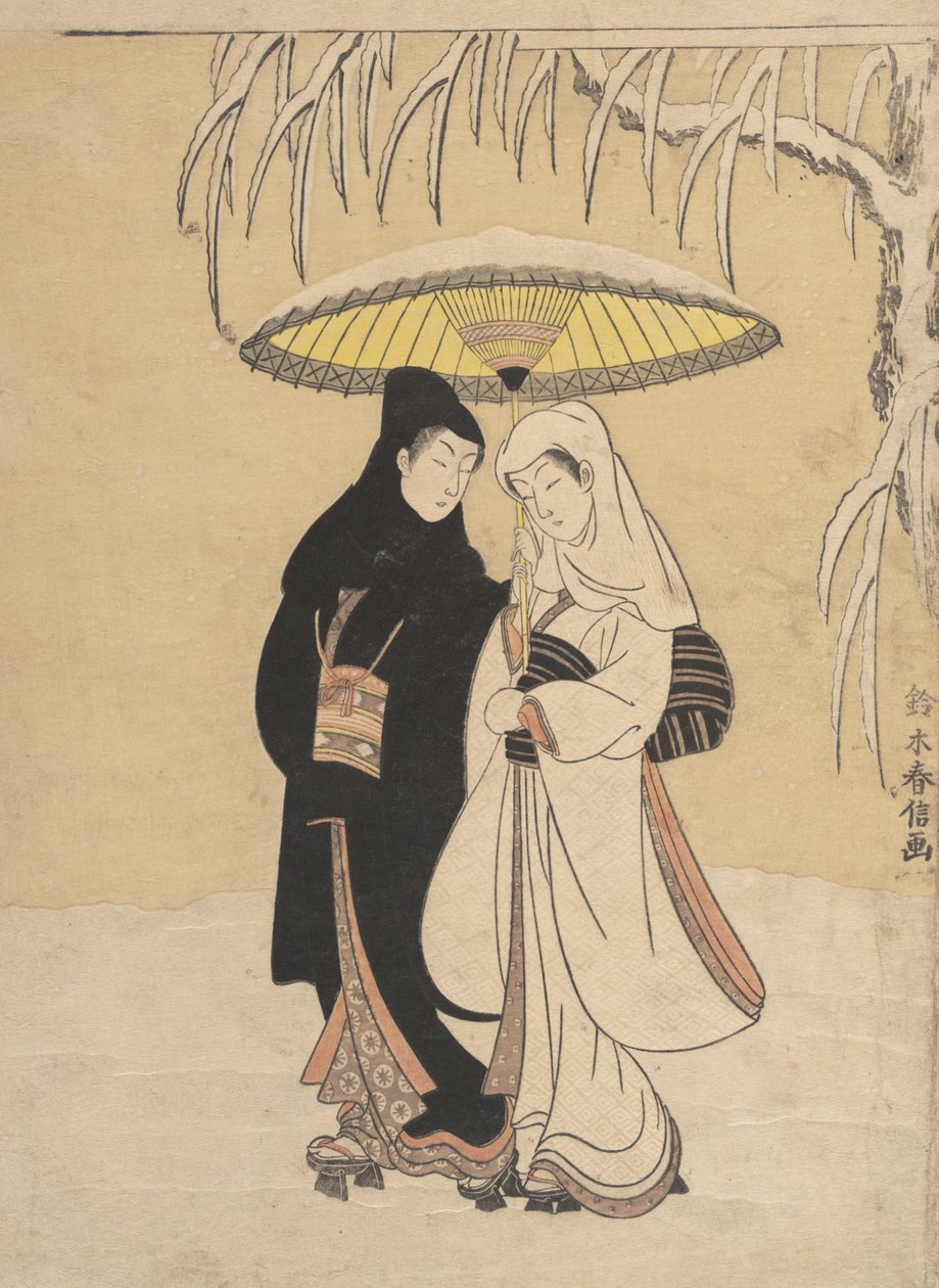 Lovers Walking in the Snow Crow and Heron, 1764-72., 1764-72. tekijältä Suzuki Harunobu
