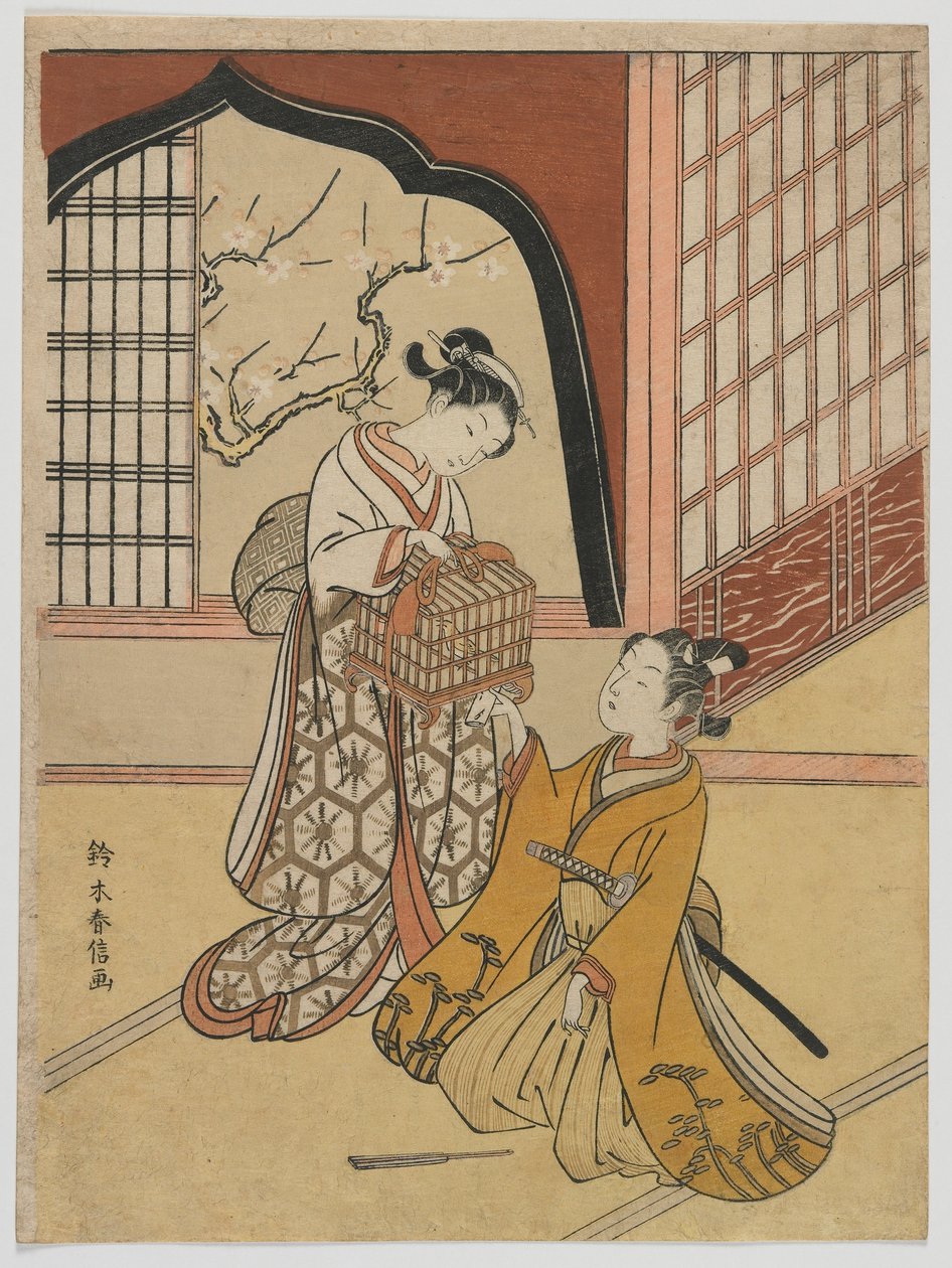 Lovers with a Bird Cage, Edo-kausi, n. 1766-1767 (värillinen puupainatus) tekijältä Suzuki Harunobu