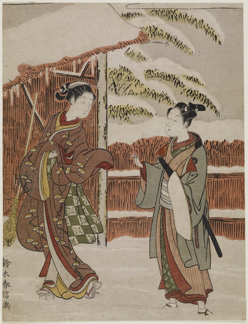 Mitate of a kohtaus Kabuki Play -lehden naisten versiosta Ptted Trees, c. 1768 tekijältä Suzuki Harunobu