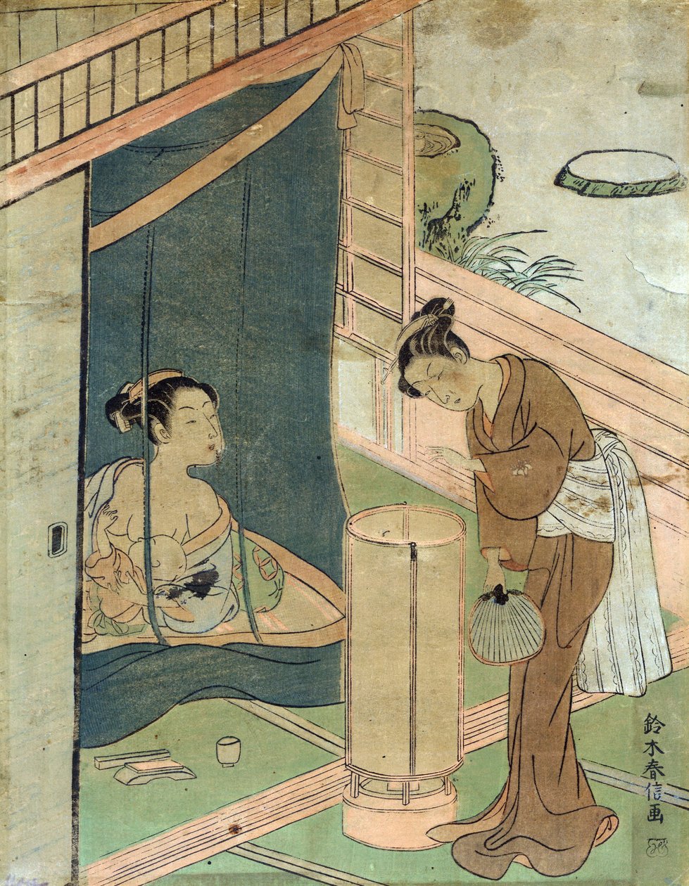 Äiti ja lapsi hyttysverkon takana. Harunobu Suzuki, japanilainen puupalikkakuviotaiteilija Ukiyo-e-tyyliin. tekijältä Suzuki Harunobu