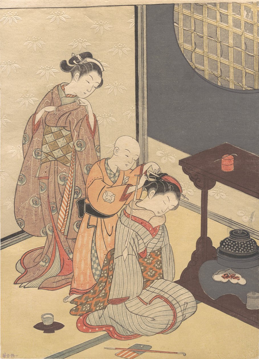 Yösade Double-Shelf Standissa, sarjasta Eight Parlour Views ..., ca. 1700-luvun lopulla. tekijältä Suzuki Harunobu