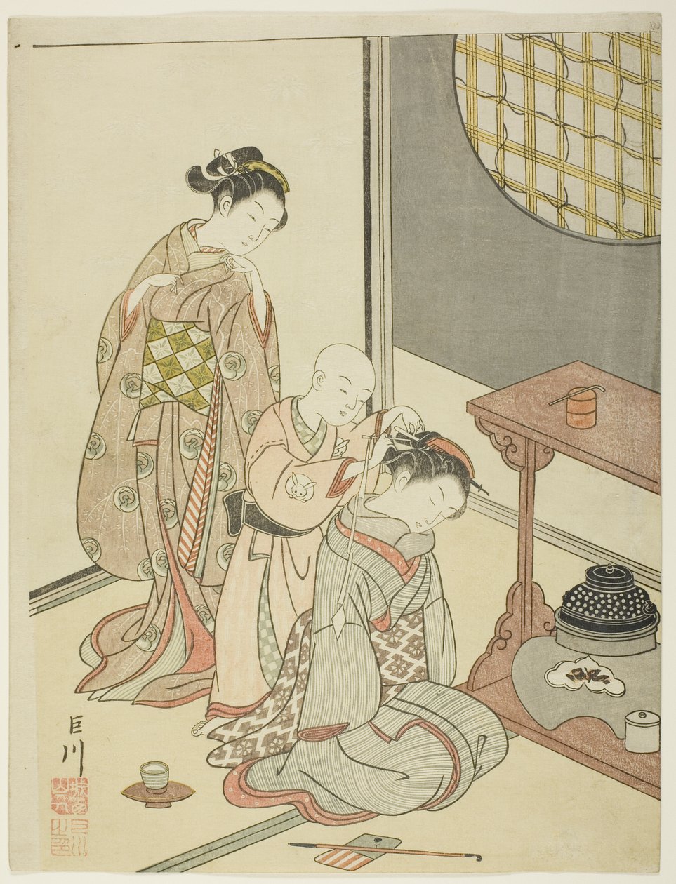 Night Rain of the Tea Stand (Daisu no yau), sarjasta "Kahdeksan näkymää salista (Zashiki hakkei)" tekijältä Suzuki Harunobu