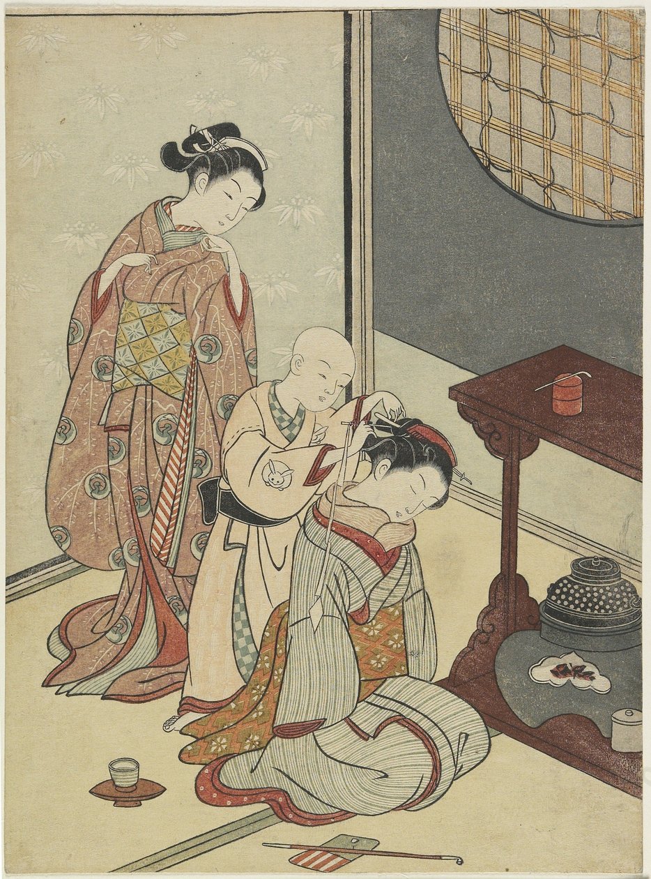 Night Rain on the Tea Stand, vuoden 1766 jälkeen (värillinen puupainatus) tekijältä Suzuki Harunobu