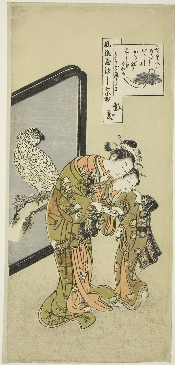 Papukaija Komachi (Omu Komachi), sarjasta The Seven Fashionable Aspects of Komachi (Furyu yatsushi nana Komachi). tekijältä Suzuki Harunobu