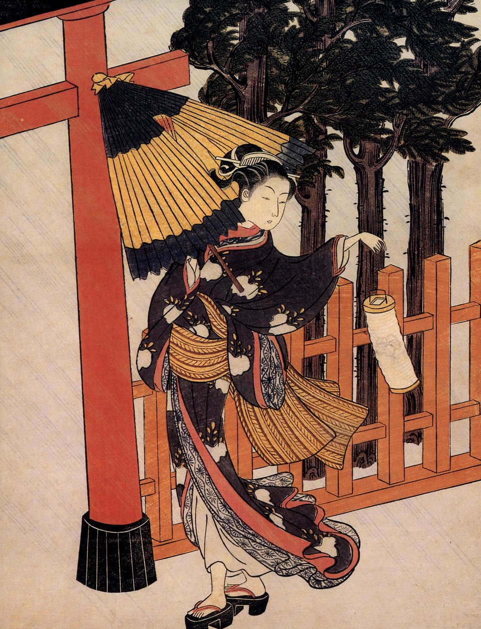 Pyhiinvaellus sateisena yönä, Suzuki Harunobu (n. 1724 1770) japanilainen postimerkki tekijältä Suzuki Harunobu