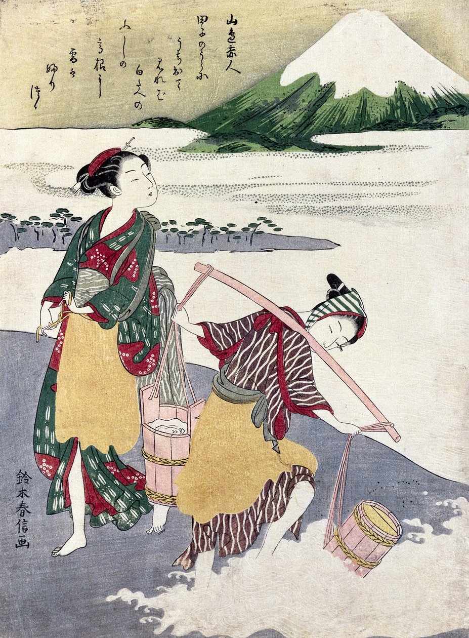 Suolanaidat Tago-no-ura-rannalla ja Fuji-vuori takanaan (värillinen puupiirrosjälki) tekijältä Suzuki Harunobu