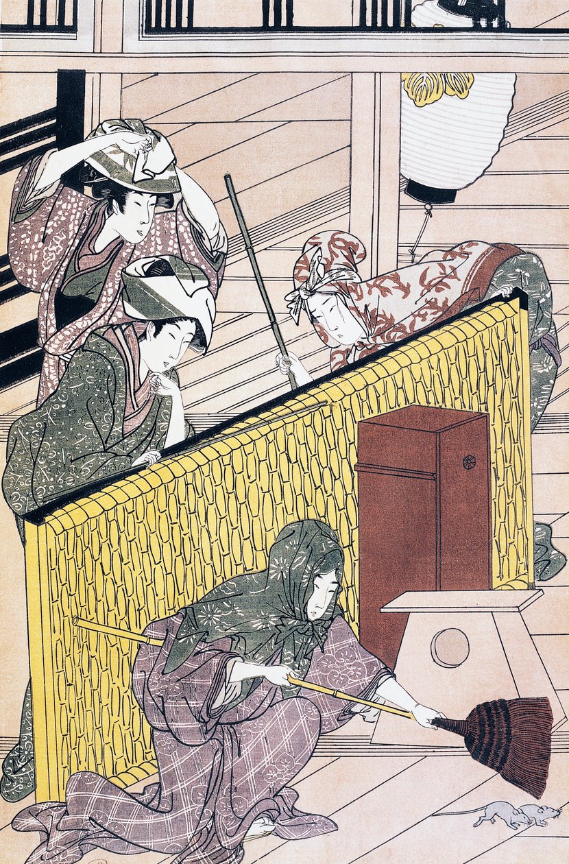 Palvelija jahtaa hiiriä talossa, Suzuki Harunobu (1725-1770) ukiyo-e-taidevedos, puupiirros, japanilainen sivilisaatio, Edo-kausi tekijältä Suzuki Harunobu