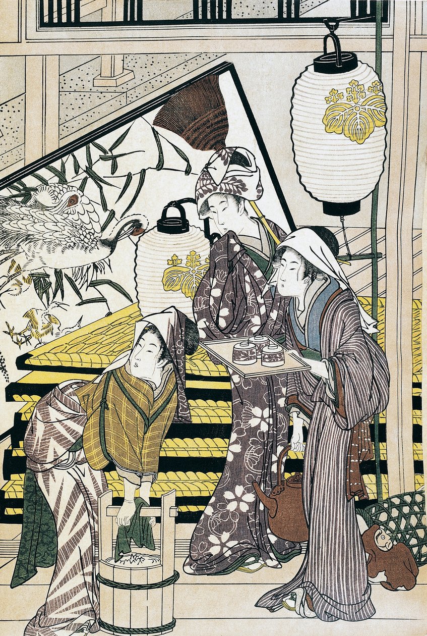 Kotona uurastavat palvelijat, Suzuki Harunobu (1725-1770) ukiyo-e-taidevedos, puupiirros, japanilainen sivilisaatio, Edo-kausi tekijältä Suzuki Harunobu