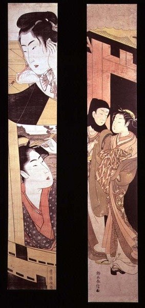 Tehtävä: Kaksi rakastajaa portilla, n. 1768 (värillinen puupainatus) tekijältä Suzuki Harunobu