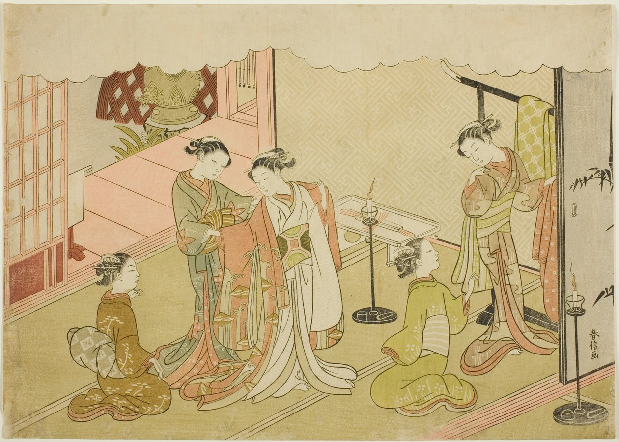 Bride Changing Clothes (Iro-naoshi), viides arkki sarjasta "Avioliitto brokadiprinteissä, hyveellisen naisen kanto (Konrei nishiki misao-guruma)" tekijältä Suzuki Harunobu
