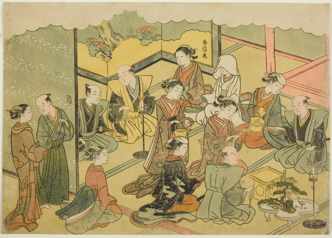 Seremoniallinen sake (Konrei sakazuki), neljäs arkki sarjasta "Avioliitto brokadiprinteissä, hyveellisen naisen kuljetus (Konrei nishiki misao-guruma)" tekijältä Suzuki Harunobu