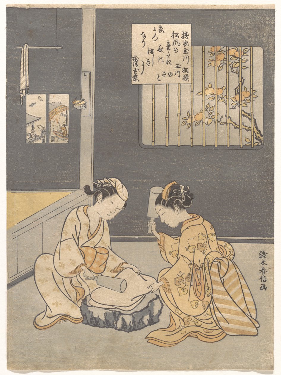 Kankaanvanuttajien Jalokivijoki, kuuluisa paikka Settsun maakunnassa (Tōi no Tamagawa, Settsu no meisho), nimettömästä Kuusi jalokivijokea -sarjasta (Mu Tamagawa) tekijältä Suzuki Harunobu