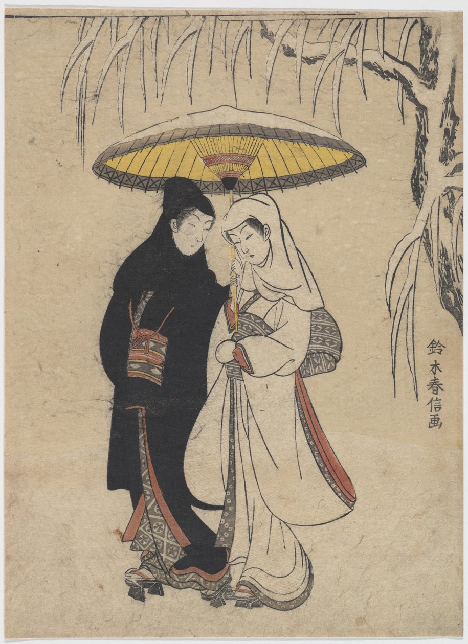 Oriental Arts: Nuoret rakastavaiset kävelevät yhdessä sateenvarjon alla lumimyrskyssä par Harunobu, Suzuki (1724-1770), n. 1769. Värillinen puupiirros, 25,7x19,1. Yksityinen kokoelma tekijältä Suzuki Harunobu