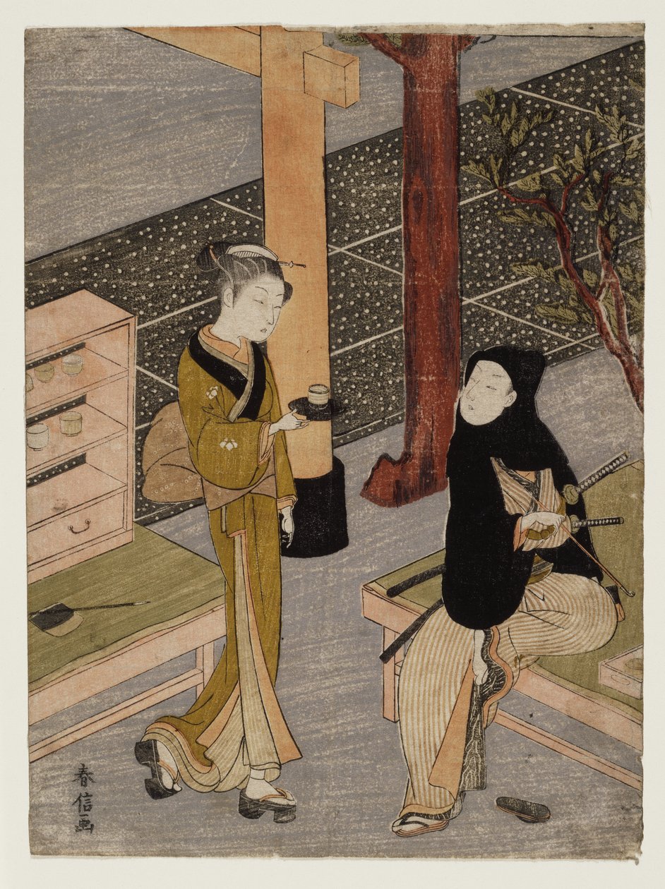 Taiteilija ja O-sen, n. 1769 (puupainatus) tekijältä Suzuki Harunobu
