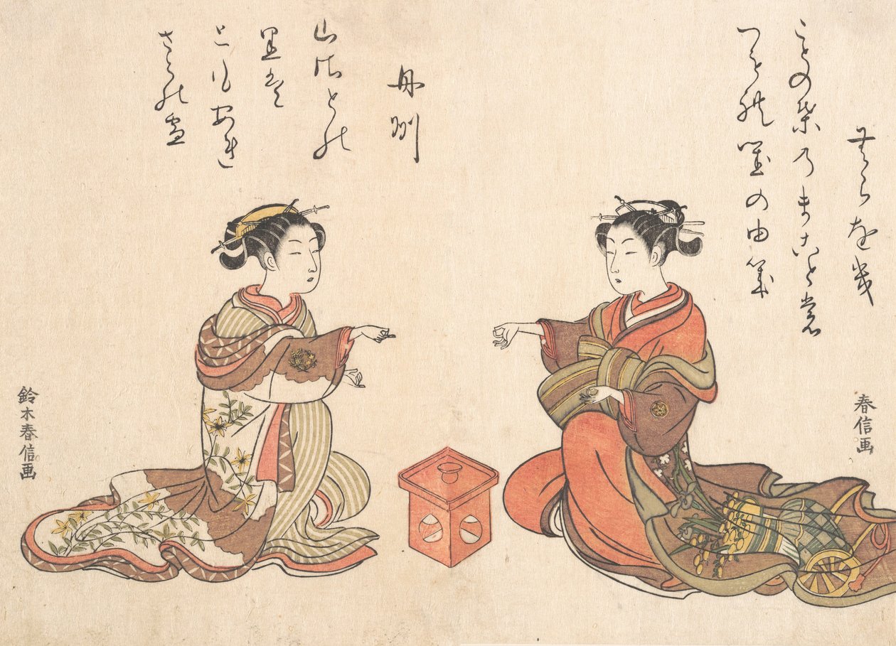 Kaksi tyttöä pelaavat Kitsume Kenin sormipeliä, 1725-1770, 1725-1770. tekijältä Suzuki Harunobu