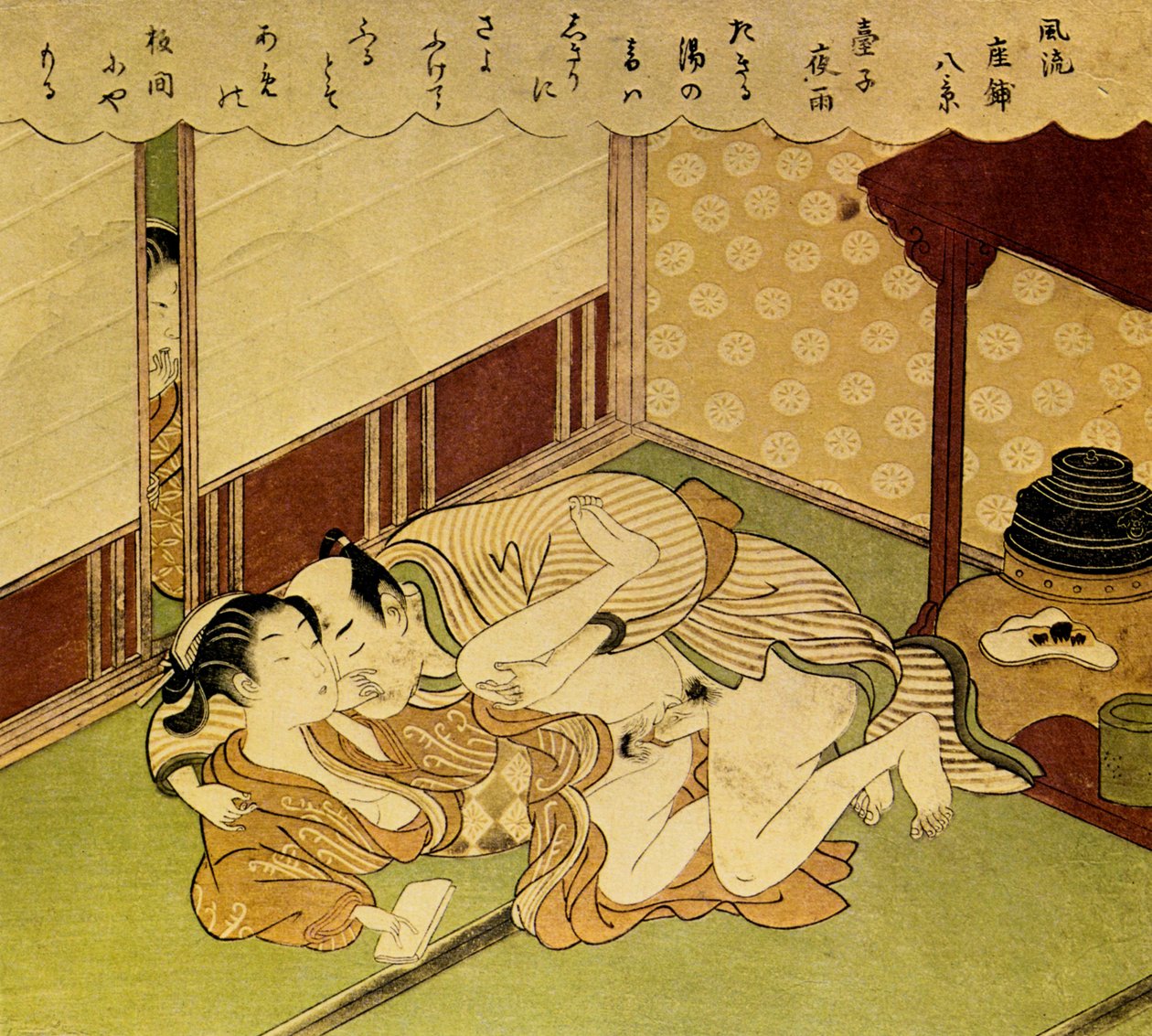 Two Lovers Shunga - eroottinen puupalikkaprintti, c. 1750 tekijältä Suzuki Harunobu
