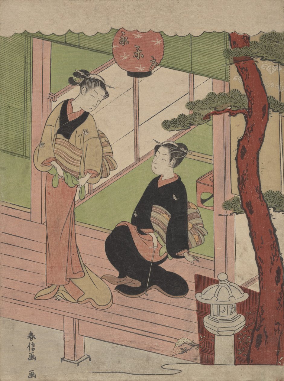 Kaksi nuorta naista verannalla, noin 1766-70, noin 1766-70. tekijältä Suzuki Harunobu