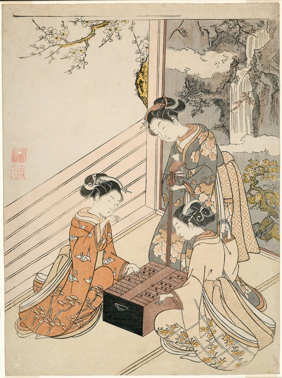 Watching the Game, noin 1766 (värillinen puupiirros; chuban, surimono) tekijältä Suzuki Harunobu