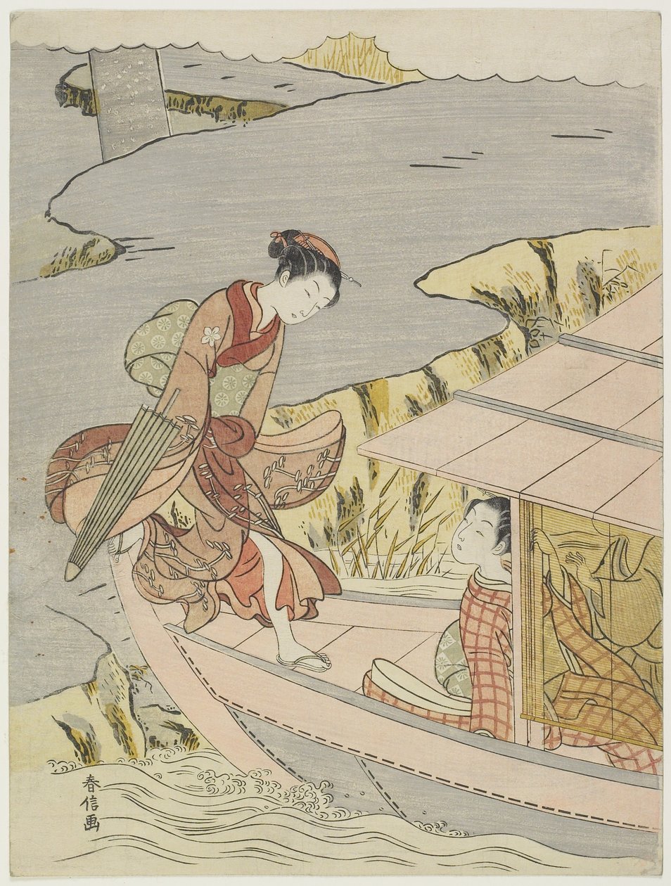 Nainen nousemassa veneeseen, n. 1767 tekijältä Suzuki Harunobu