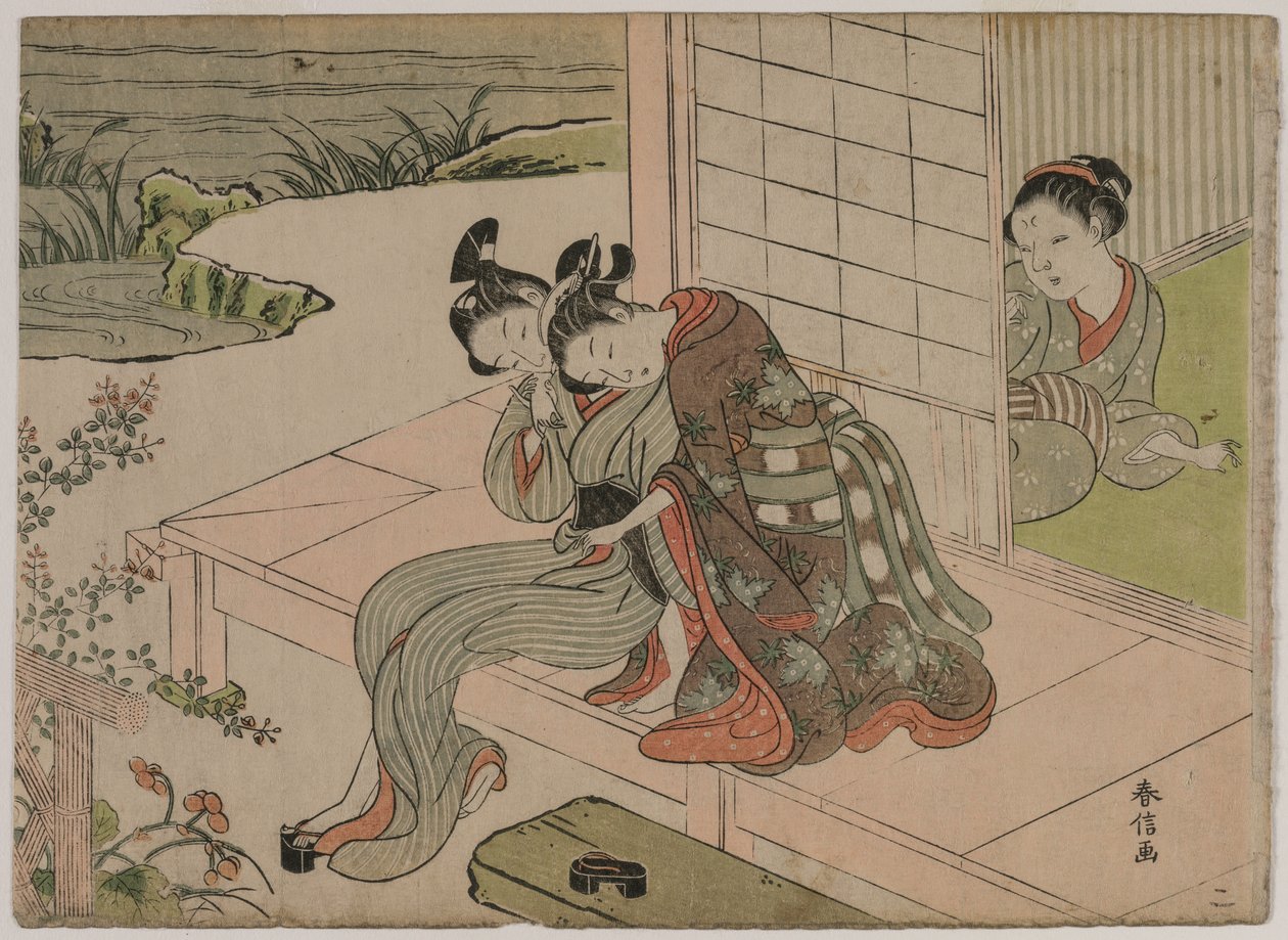Nainen katselemassa nuoren parin syleilyä verannalla, 1760-luvun lopulla. tekijältä Suzuki Harunobu