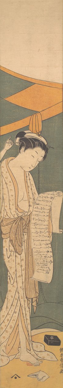 Nainen yötakissa lukemassa kirjettä, 1764-72, 1764-72. tekijältä Suzuki Harunobu