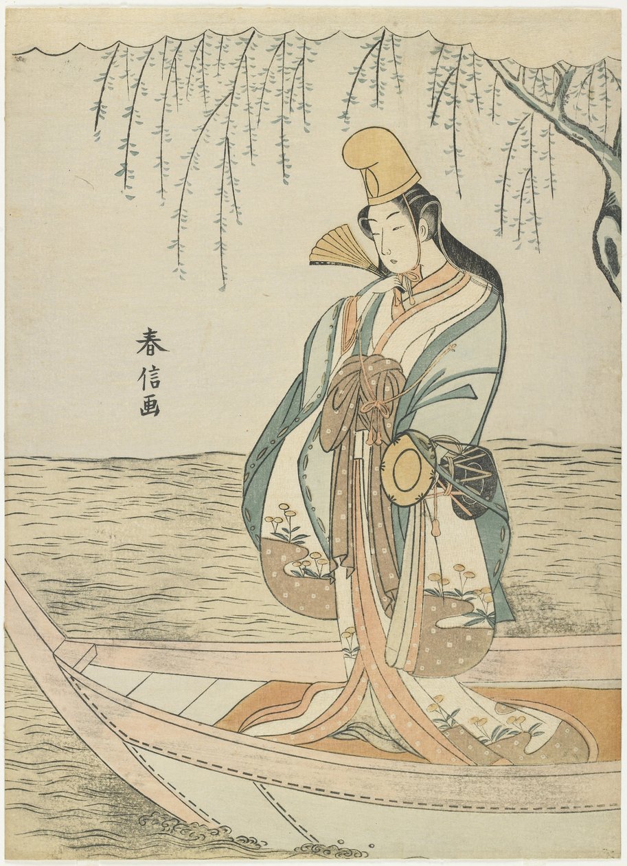 Nainen Asazuma-veneessä Shirabyo_shin asussa, n. 1767 tekijältä Suzuki Harunobu