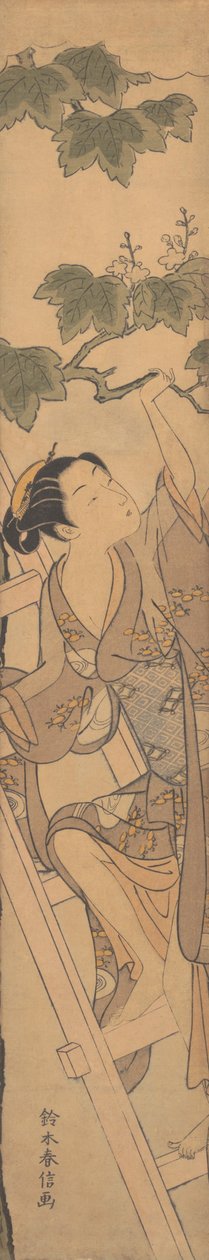 Nuori nainen kiipeämässä tikkaat, n. 1768, n. 1768. tekijältä Suzuki Harunobu