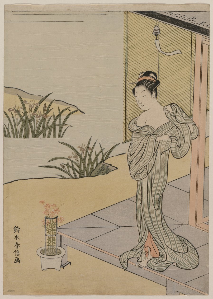 Nuori nainen katselee vaaleanpunaista ruukkua, c. 1767. tekijältä Suzuki Harunobu