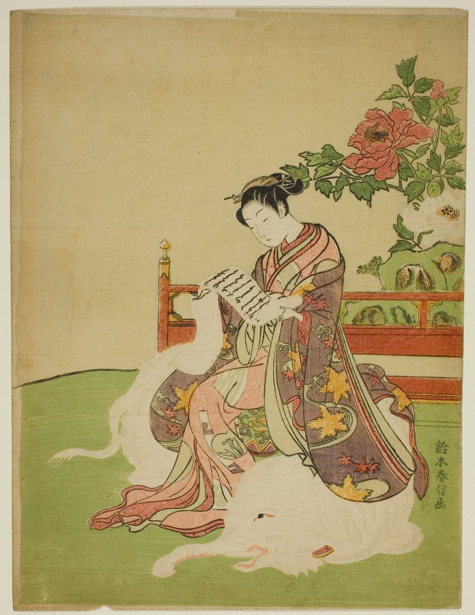 Nuori nainen istuu valkoisen norsun selässä (parodia Bodhisattva Fugenista) tekijältä Suzuki Harunobu