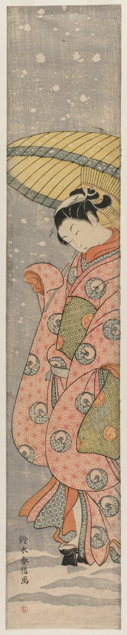Nuori nainen seisoo sateenvarjon alla lumessa, 1767-1768. tekijältä Suzuki Harunobu