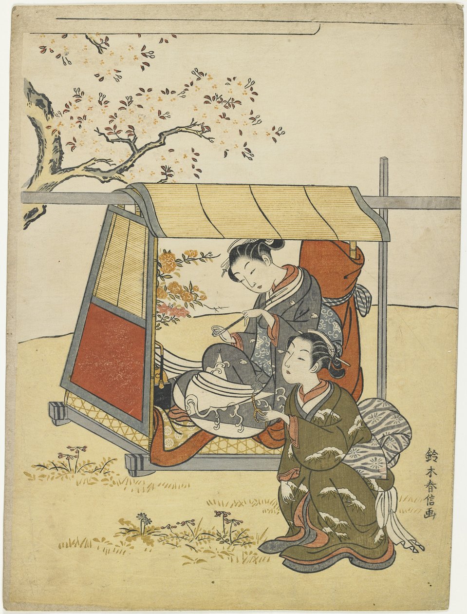 Nuori nainen katselemassa kirsikankukkia Lady Nakanokimin mitaattina, c. 1767 tekijältä Suzuki Harunobu
