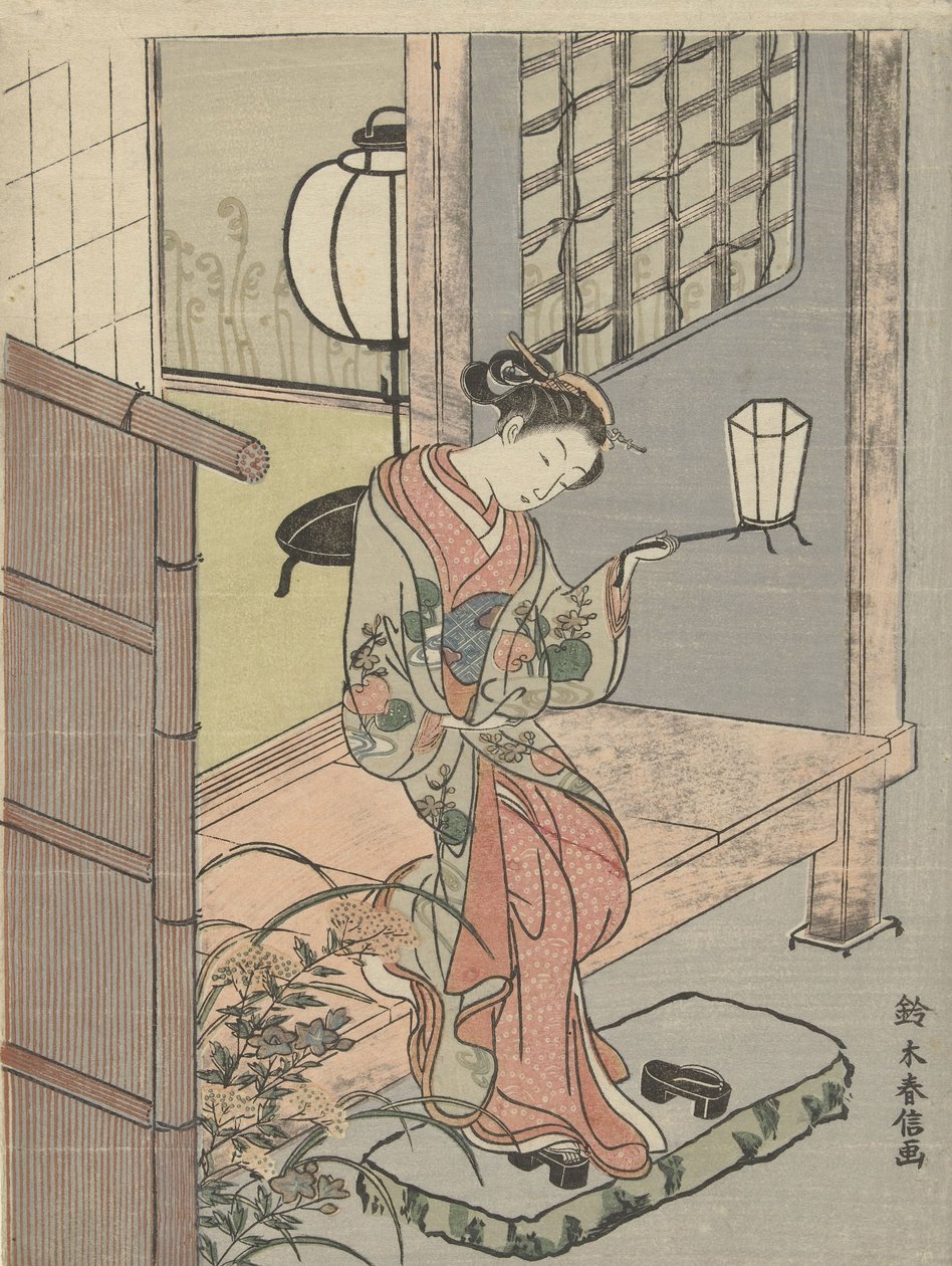 Nuori nainen lyhdyn kanssa, 1765-70 (värillinen puupiirros) tekijältä Suzuki Harunobu