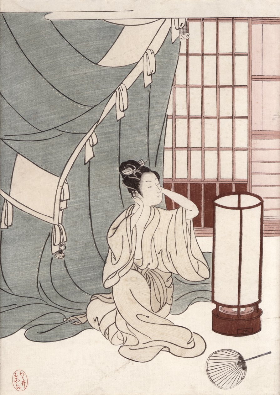Nuori nainen polvillaan hyttysverkkonsa luona, 1766 (värillinen puupainatus) tekijältä Suzuki Harunobu