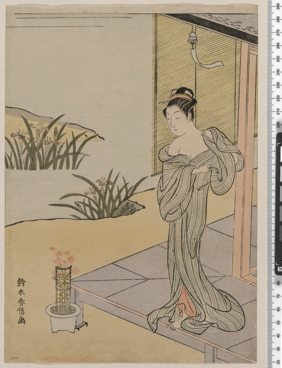 Nuori nainen katsomassa ruukkua vaaleanpunaisia, n.1767 tekijältä Suzuki Harunobu