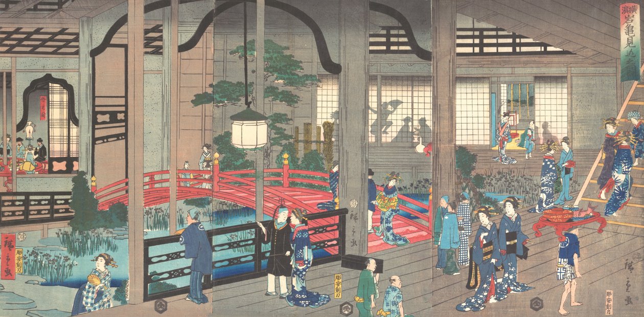 Gankiro-teehuoneen sisustus Yokohamassa, 1861 huhtikuu. tekijältä Suzuki Hiroshige