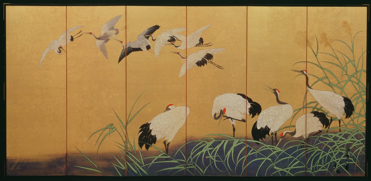 Kuusikertainen näyttö, joka kuvaa ruokoa ja nostureita, Edo-kausi, japanilainen, 1800-luku (väri kullatulla silkillä) tekijältä Suzuki Kiitsu