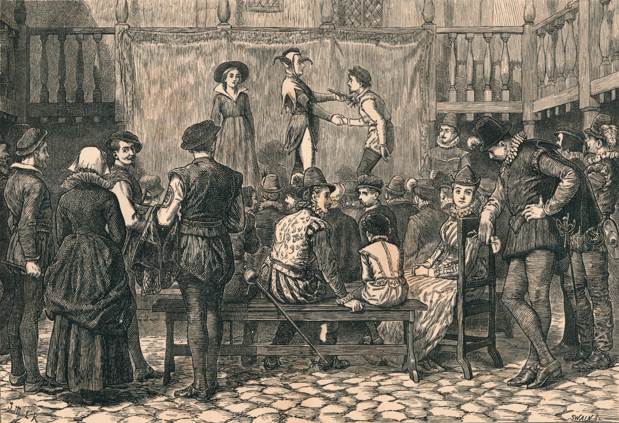 Näytelmä London Inn Yardissa, Kuningatar Elisabetin aikana, vuodelta 1873. tekijältä Swain