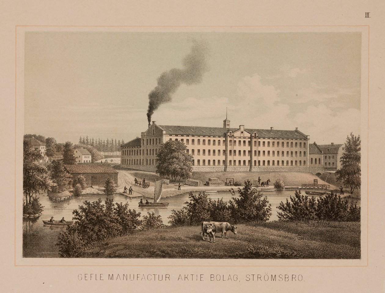 Puuvillatehdas, Stromsbro, Ruotsi, n. 1840 (väri litho) tekijältä Swedish School