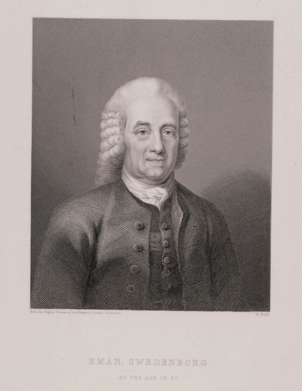Emanuel Swedenborg (1688-1772) 80-vuotiaana, kaiverrus W. Holl, World Religion -julkaisusta, julkaisija A. Fullarton & Co. tekijältä Swedish School