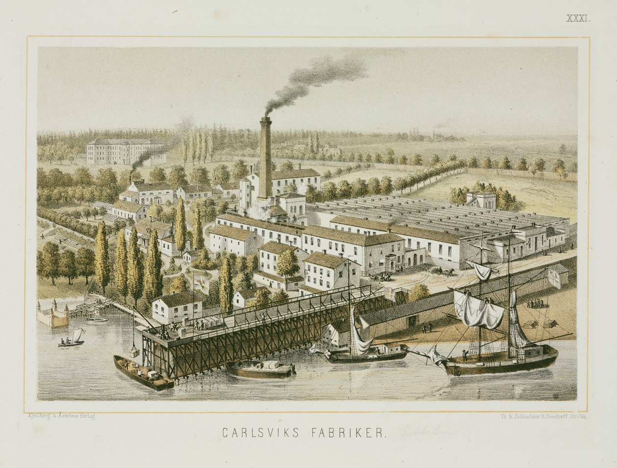 Tekstiilitehdas, Carlsviks, Tukholma, Ruotsi, n.1840 (värilitho) tekijältä Swedish School